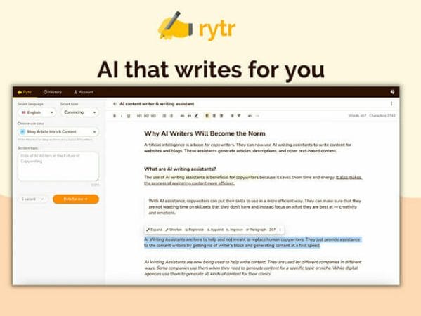 HIT1MILLION-Rytr AI Writing Tool: Lifetime Subscription + $20 Store Credit for $75